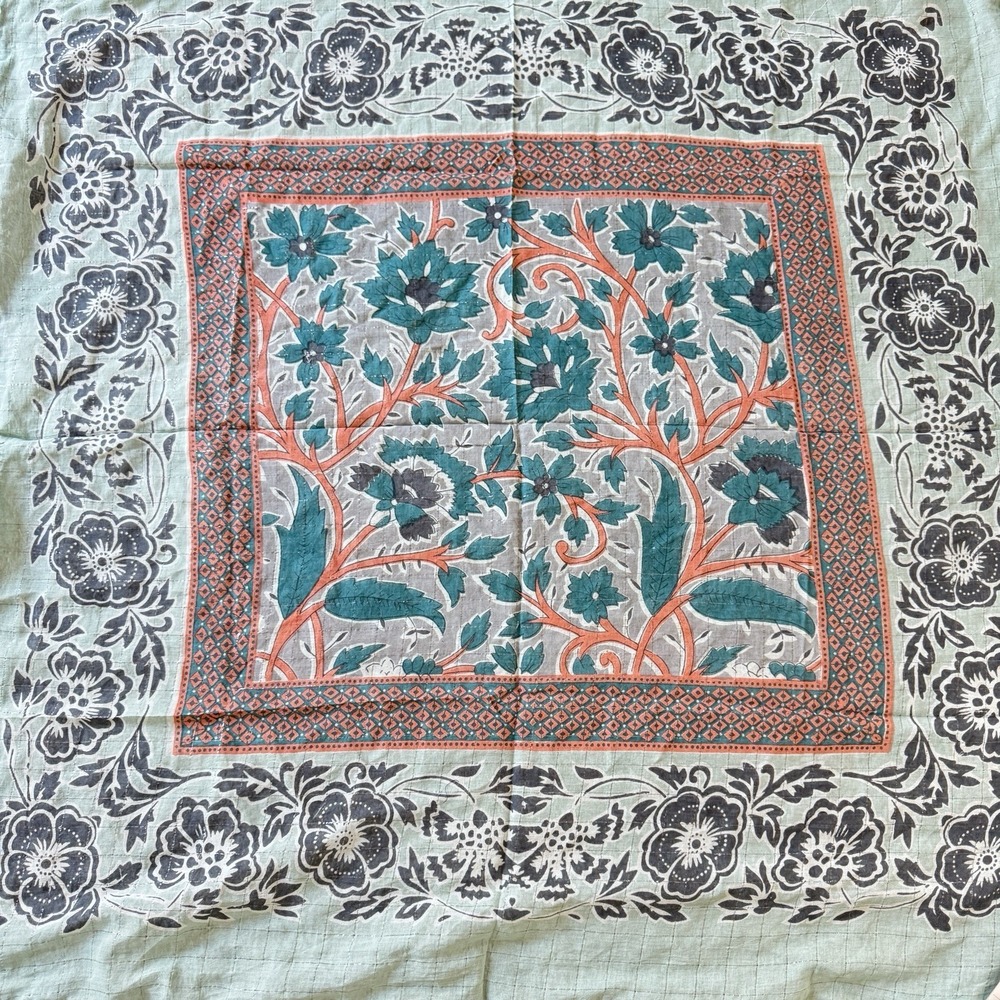 Boho Scarf Blue Coral Floral Metallic Cotton Fringe Festival Hippie India New - Picture 3 of 4